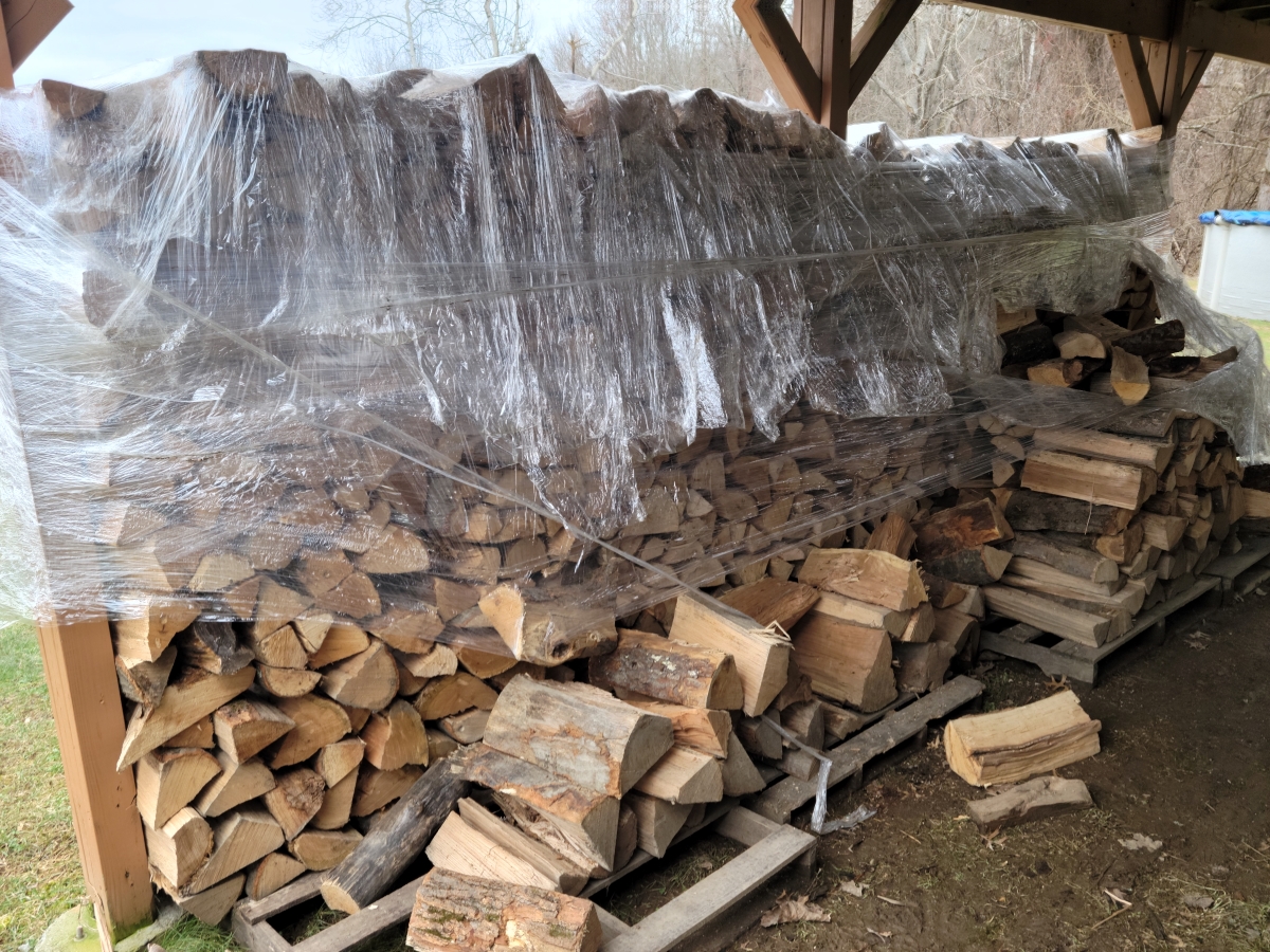 Large stack of firewood wrapped with plastic all over.