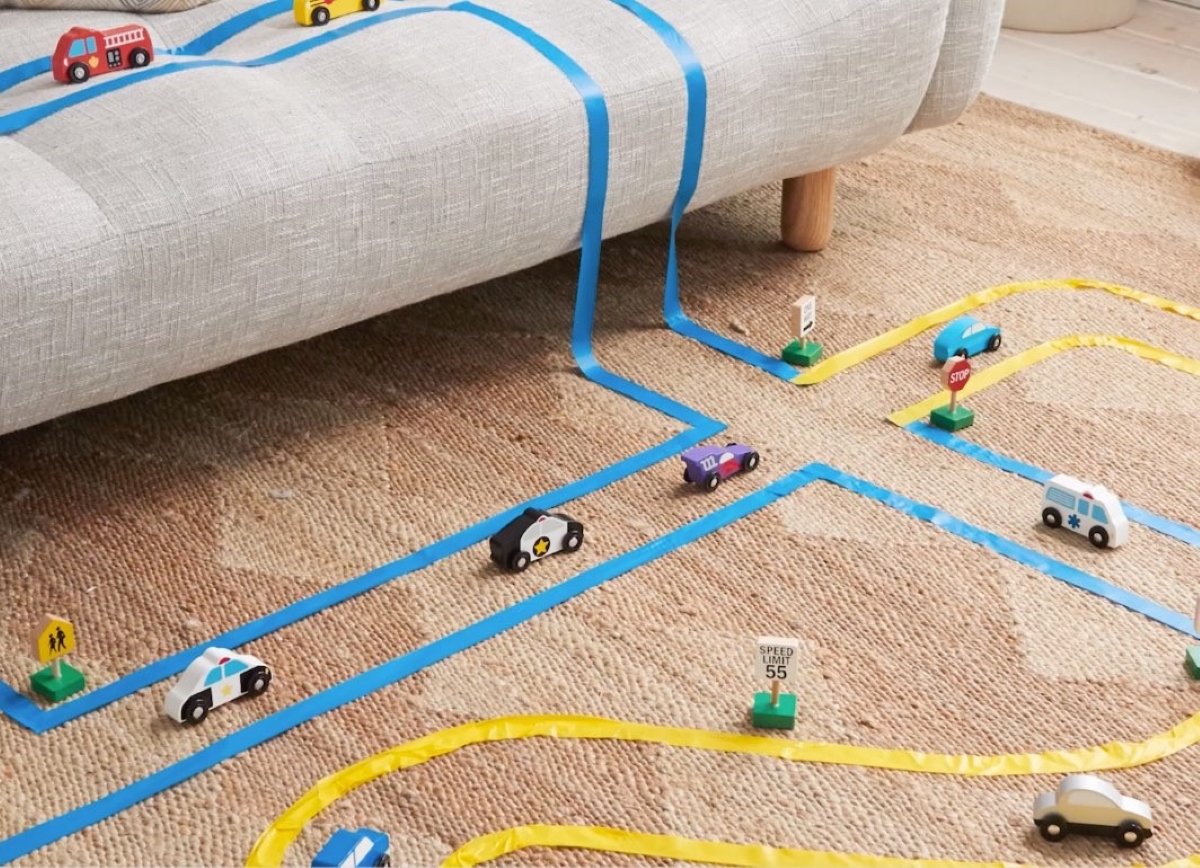 Painters tape used to line roads for car toys.