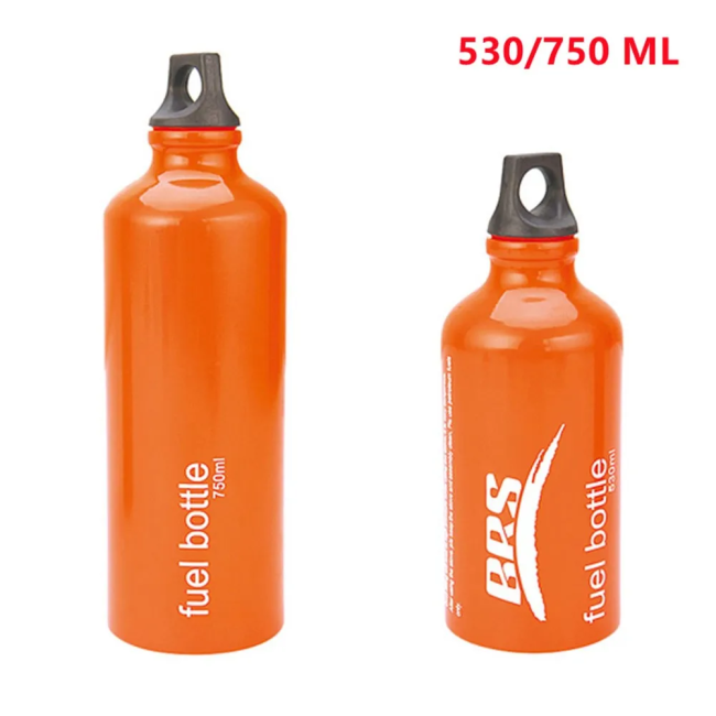 Two orange fuel bottles are against a white background with mililiter measurements written in the corner.