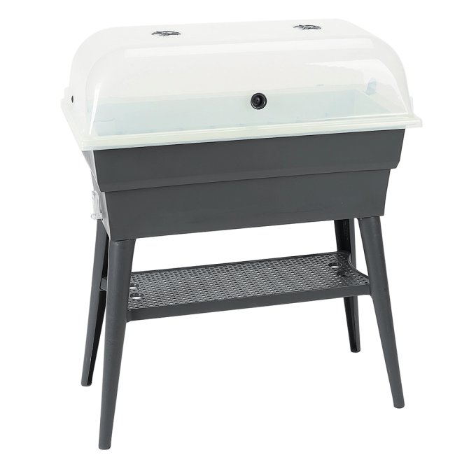 A mini greenhouse raised planter is closed and sits against a white background.