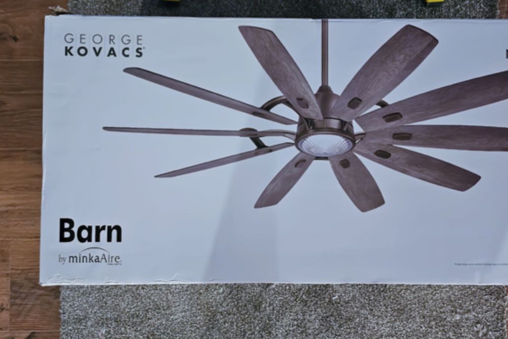 The Barn by Minka-Aire ceiling fan in its box before installation and testing.