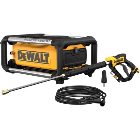  The DeWalt 2100 MAX PSI Electric Jobsite Pressure Washer with its included hose, nozzle, and tip on a white background.
