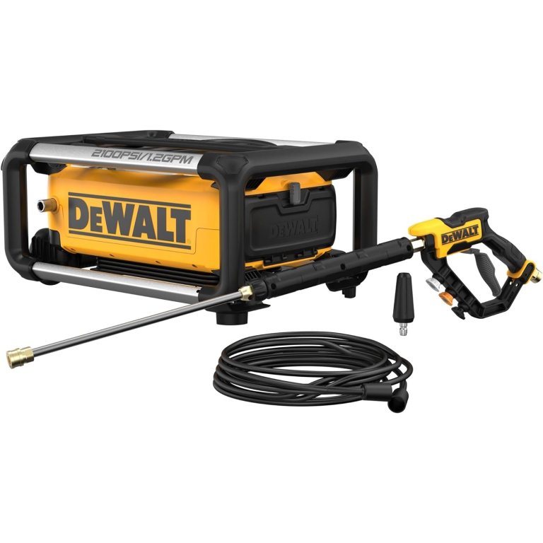  The DeWalt 2100 MAX PSI Electric Jobsite Pressure Washer with its included hose, nozzle, and tip on a white background.