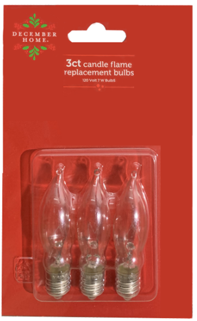A red package contains three candelabra style light bulbs.