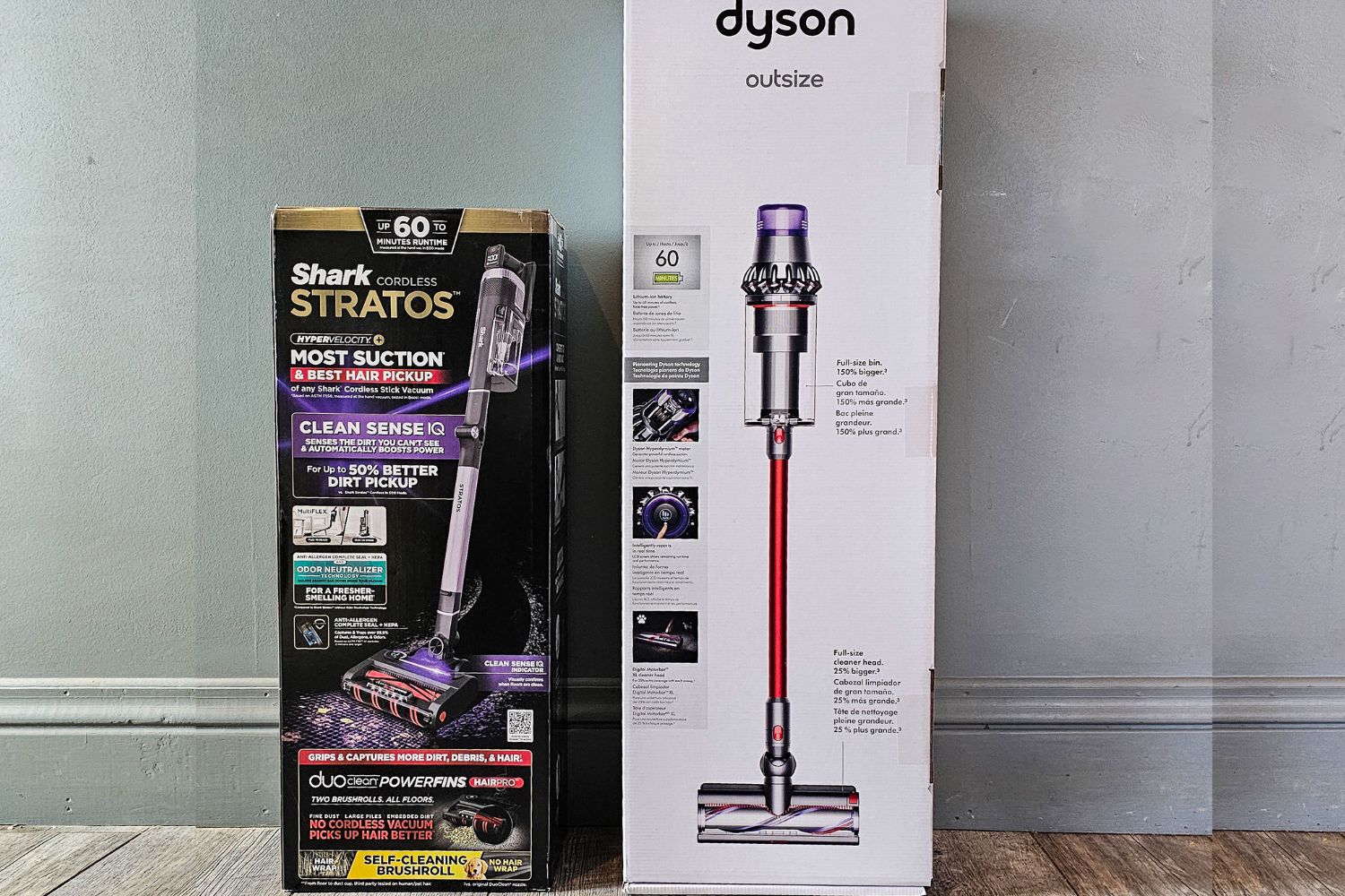 Dyson vs Shark boxes next to each other before unboxing and testing.