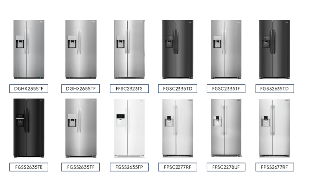Two rows of side by side refrigerators in black and stainless steel are lined up against a white bsckground.