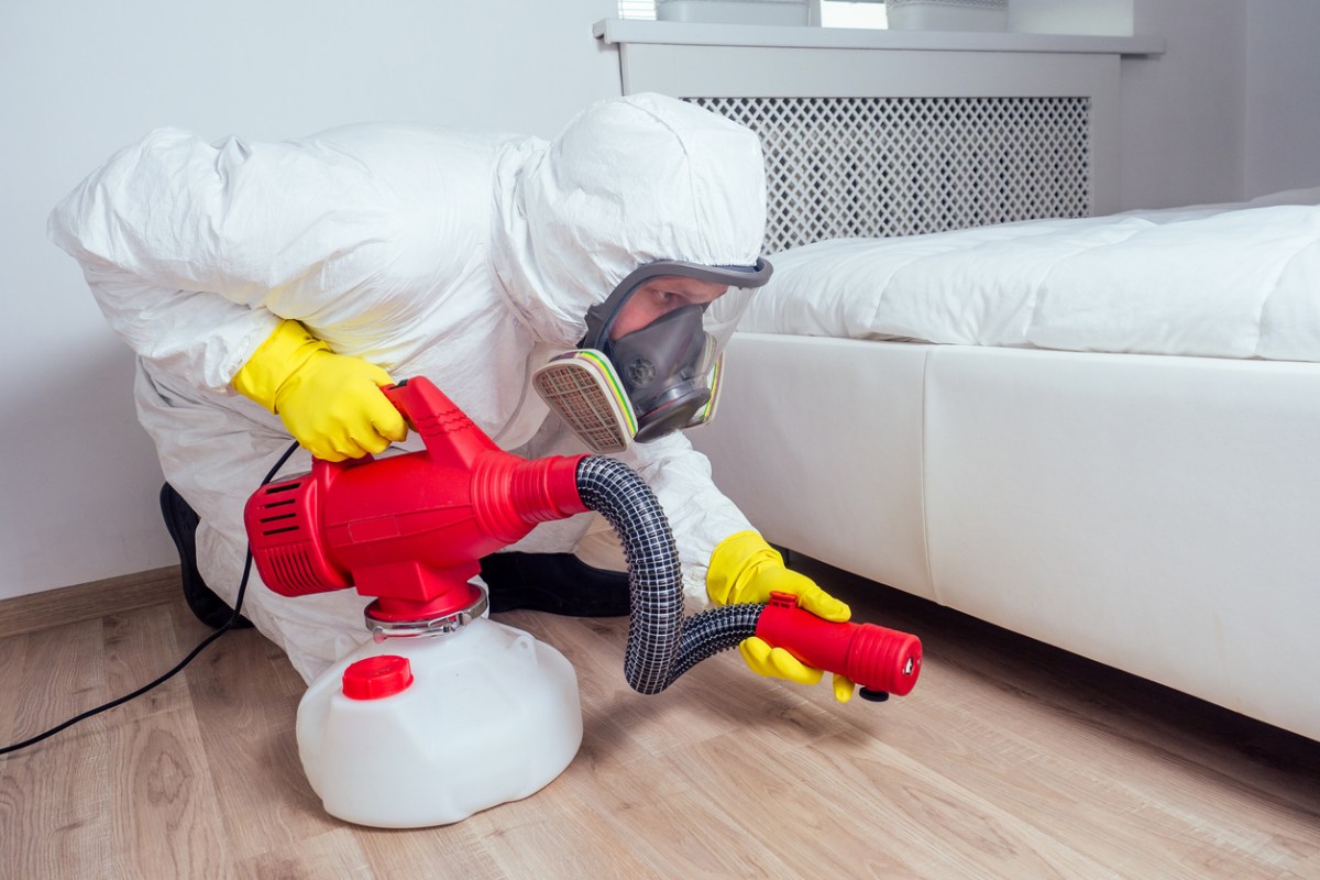 A worker in a white suit uses a tool under a bed. 