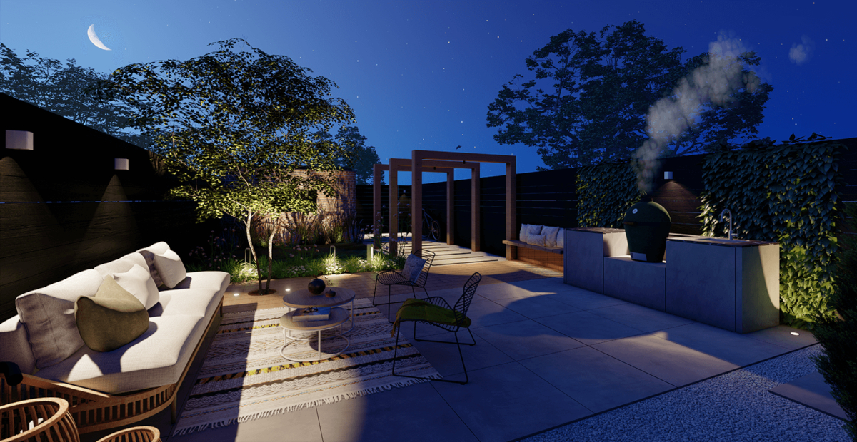 A 3D-modeled example of an In-Lite outdoor smart lights set up in a paved backyard.