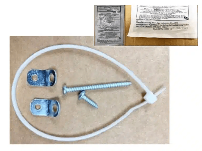 A plastic zip tie and hardware attachments are shown underneath their packaging label.