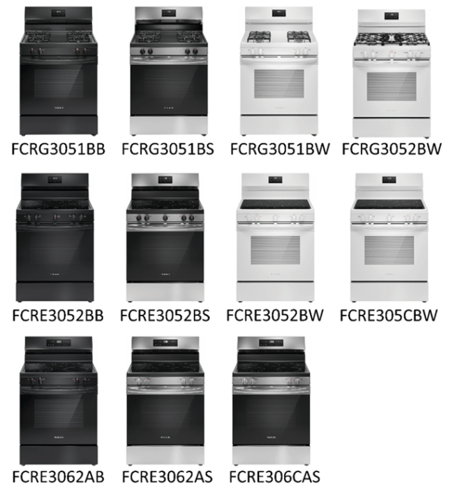 Three rows of rear controlled ranges include black and stainless steel models.