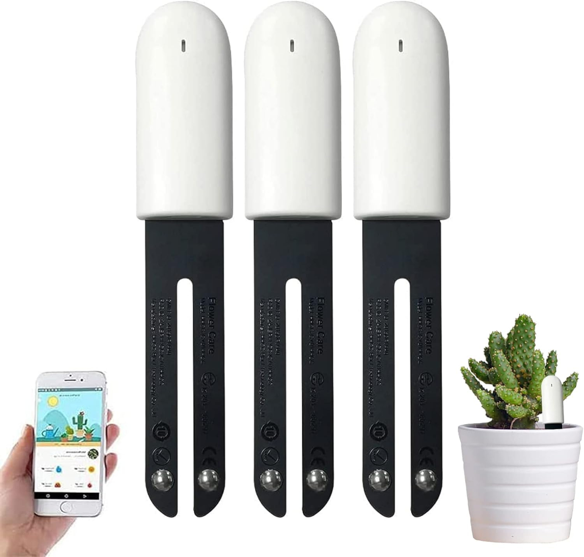 A product photo collage of three Sinbeda garden moisture meters, an accompanying smartphone app, and a small houseplant.