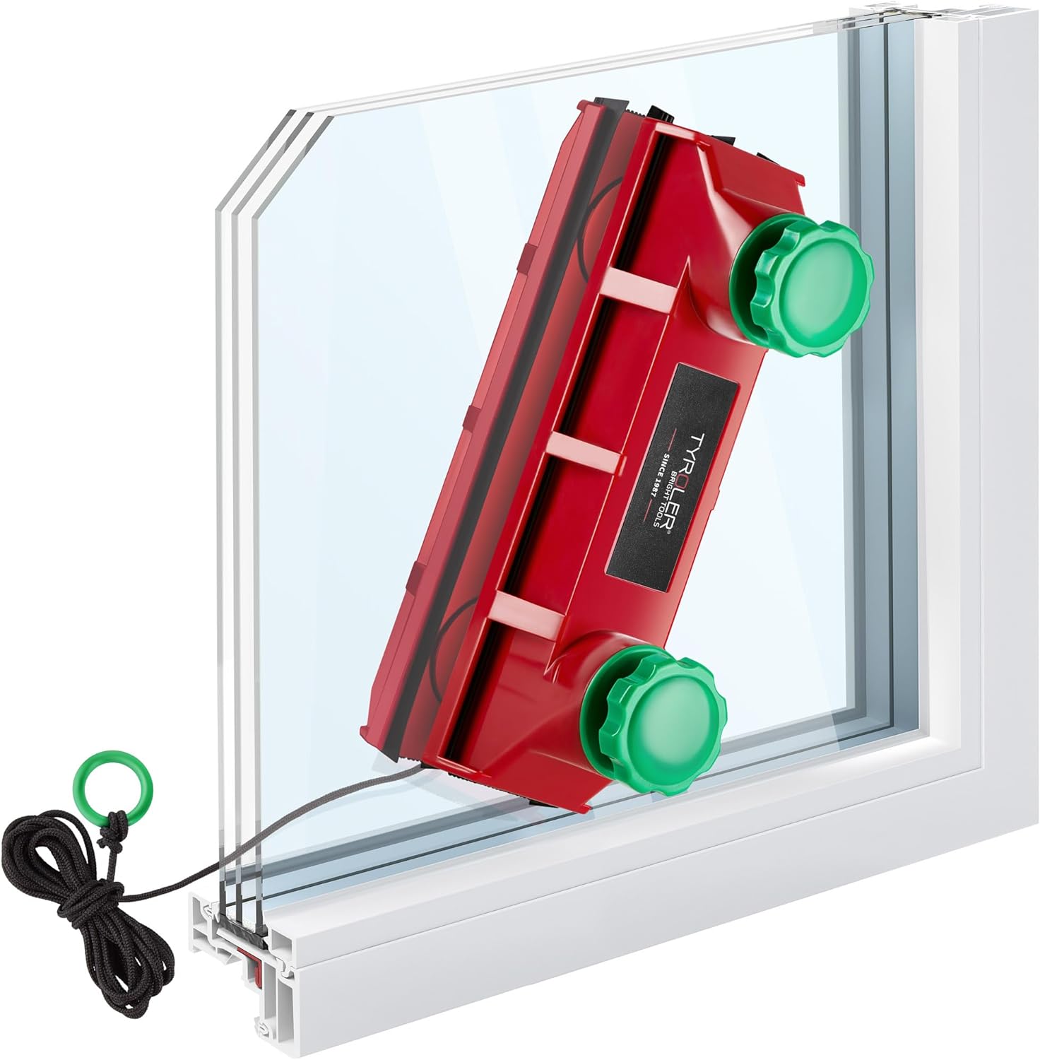 Tyroler-Bright-Tools-Universal-Magnetic-Window Cleaner is shown on the corner of a window.