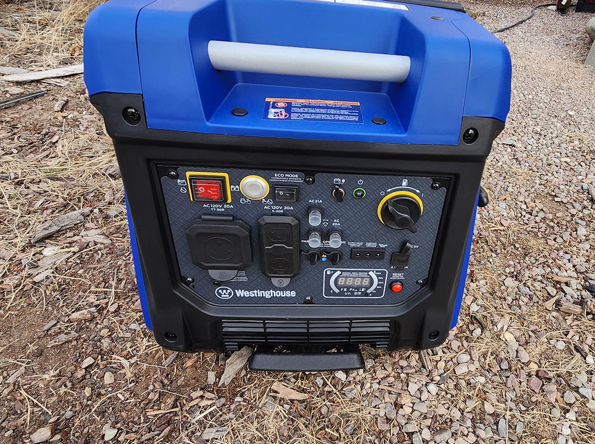 The Westinghouse iGen4500 portable inverter generator on mulch during testing.
