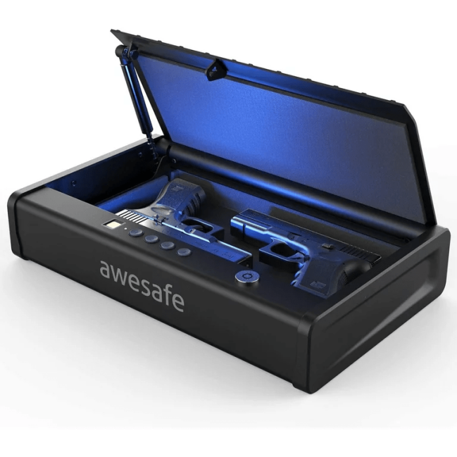 A gun safe is open with items inside illuminated by a blue light.