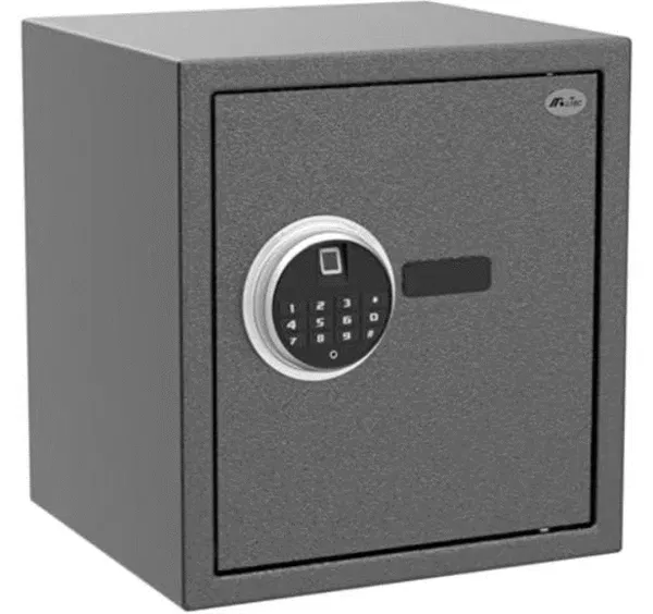 A square grey safe with a biometric lock.
