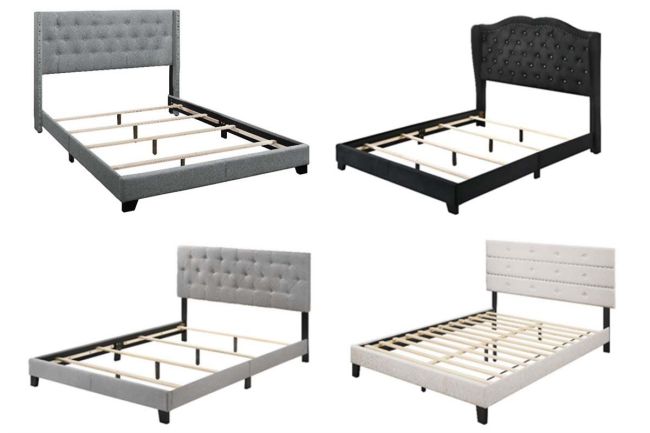 Four styles of upholstered bed frames are arranged against a white background.