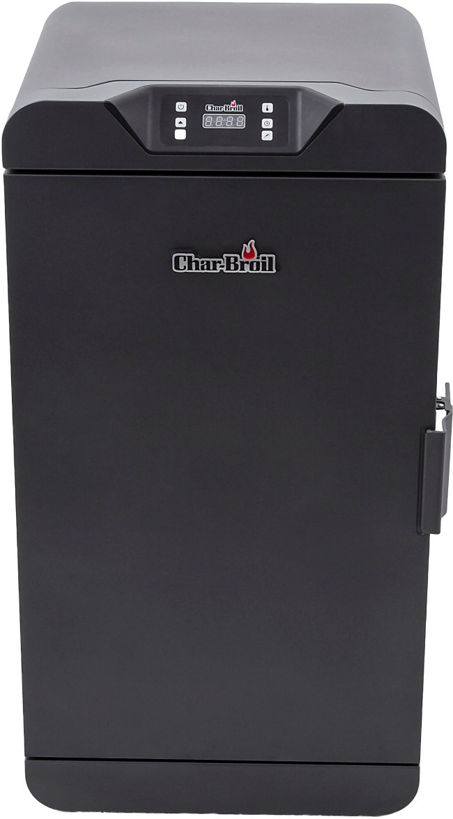 A Char-Broil electric smoker is black against a white background.