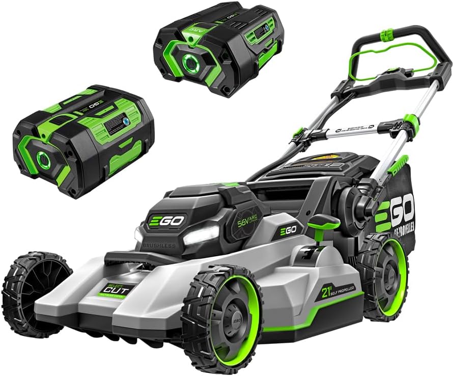 Ego Power+ lawn mower with two batteries on white background