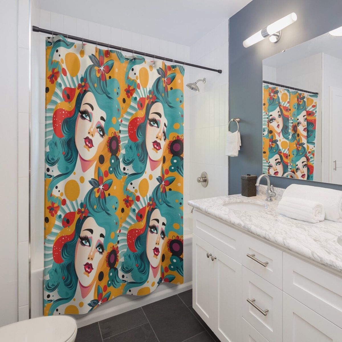 Bathroom with large graphic shower curtain.