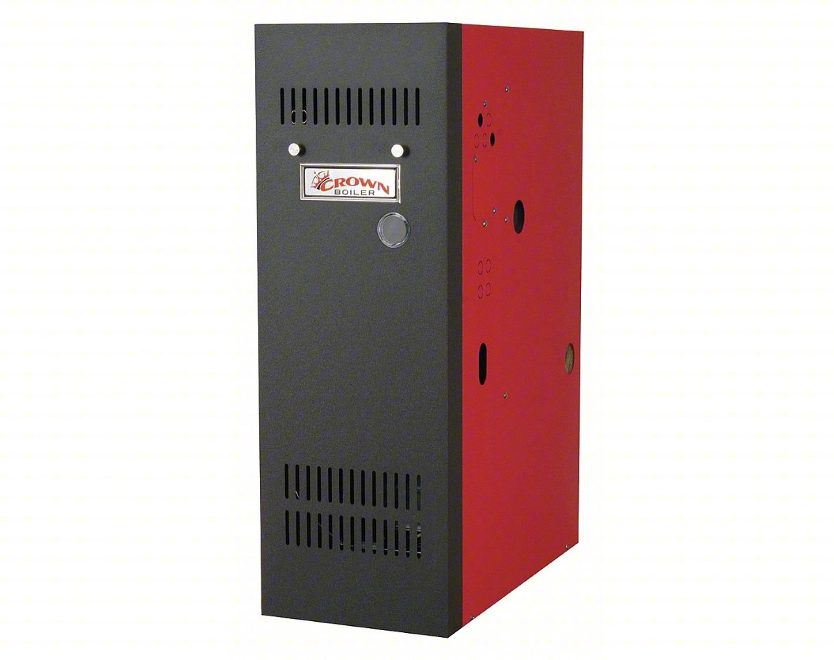 Red and black hot water boiler unit.
