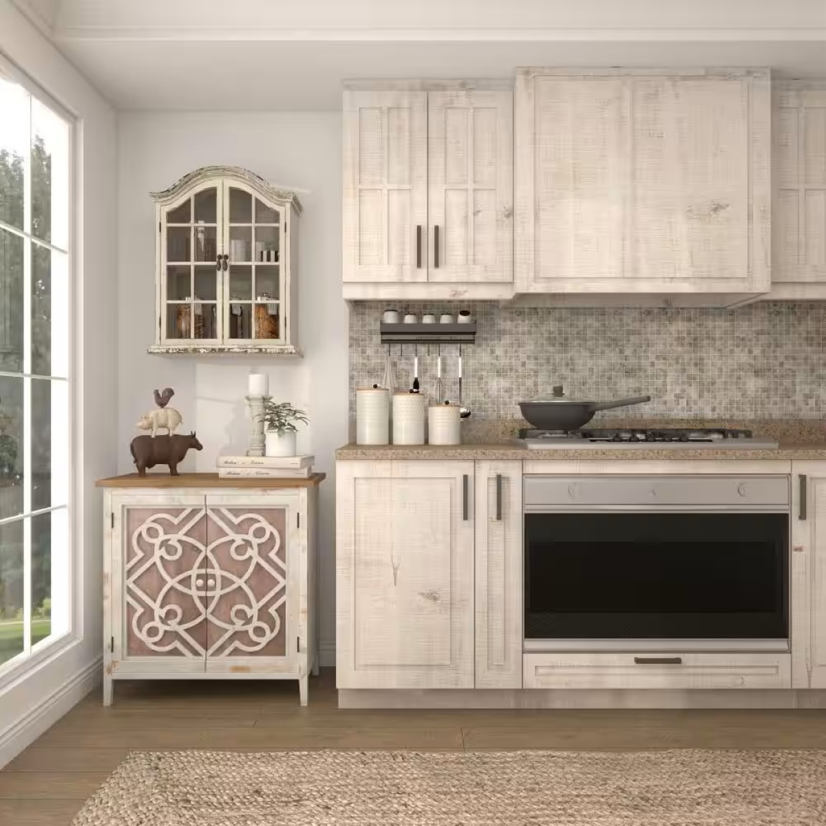 White kitchen with distressed cabinets.