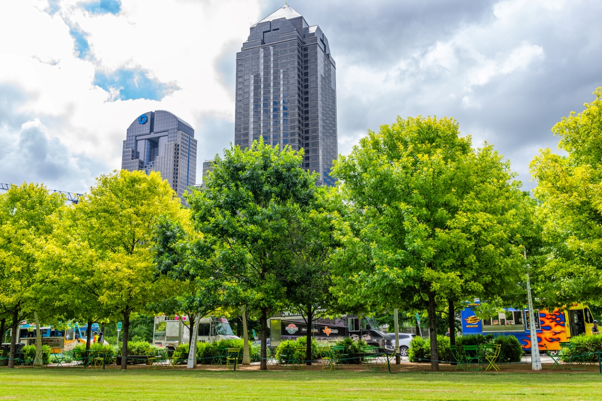 Trees in park with tall building in background.