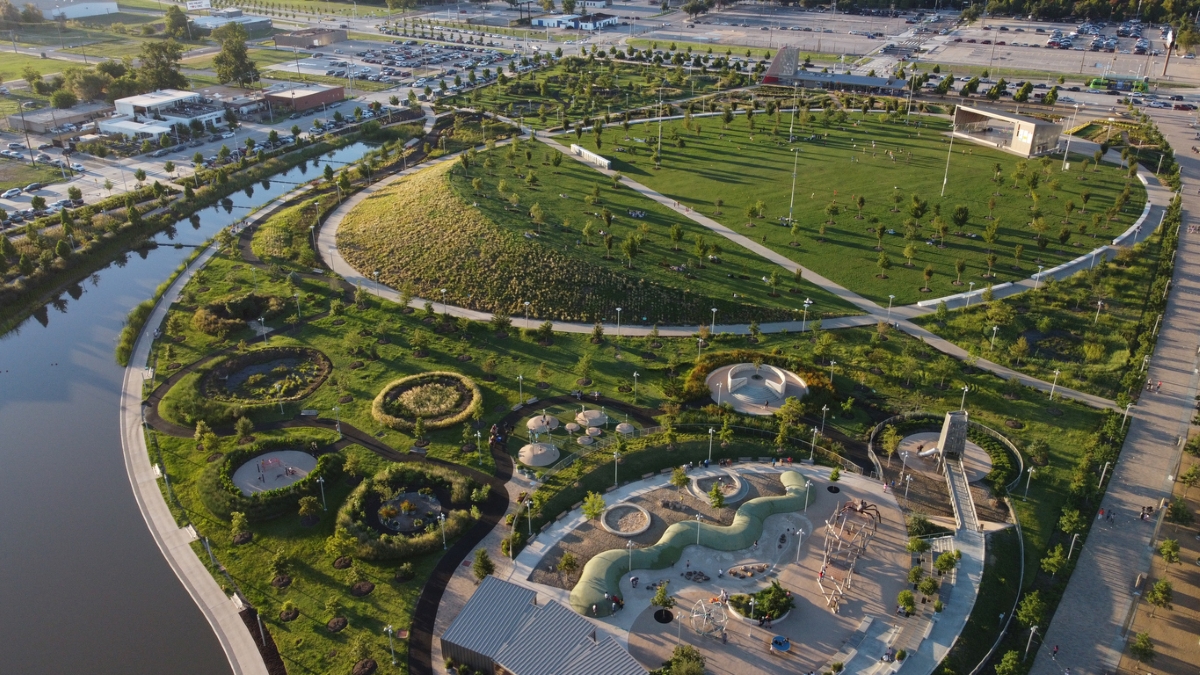 Large aerial view of park with circular walkway.