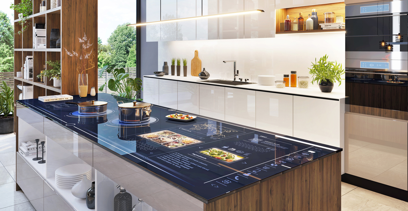 A-contemporary-kitchen-showcases-a-smart-island-stovetop.