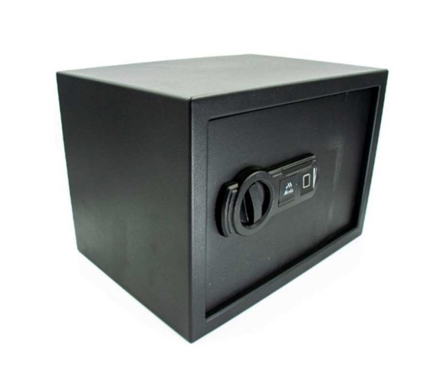 A biometric safe sits on a white background.