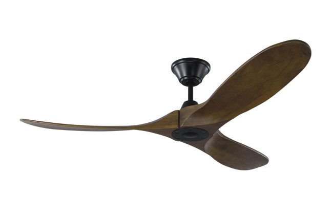 A black ceiling fan has dark wood blades in a modern style.
