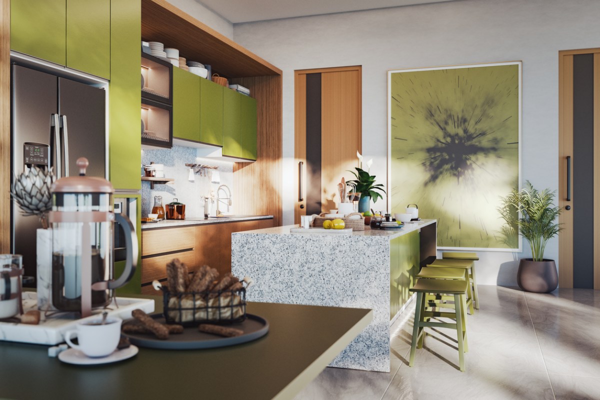Modern kitchen interior with avocado-colored cabinets