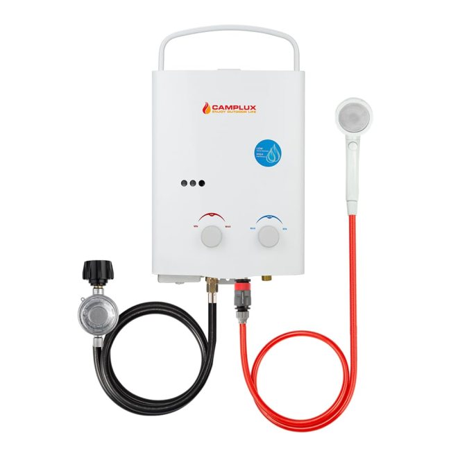 A tankless water heater with red and black connections is set against a white background.