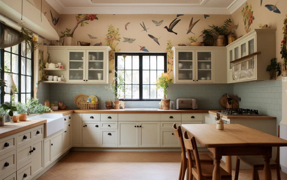 Large kitchen with bird themed wallpaper.