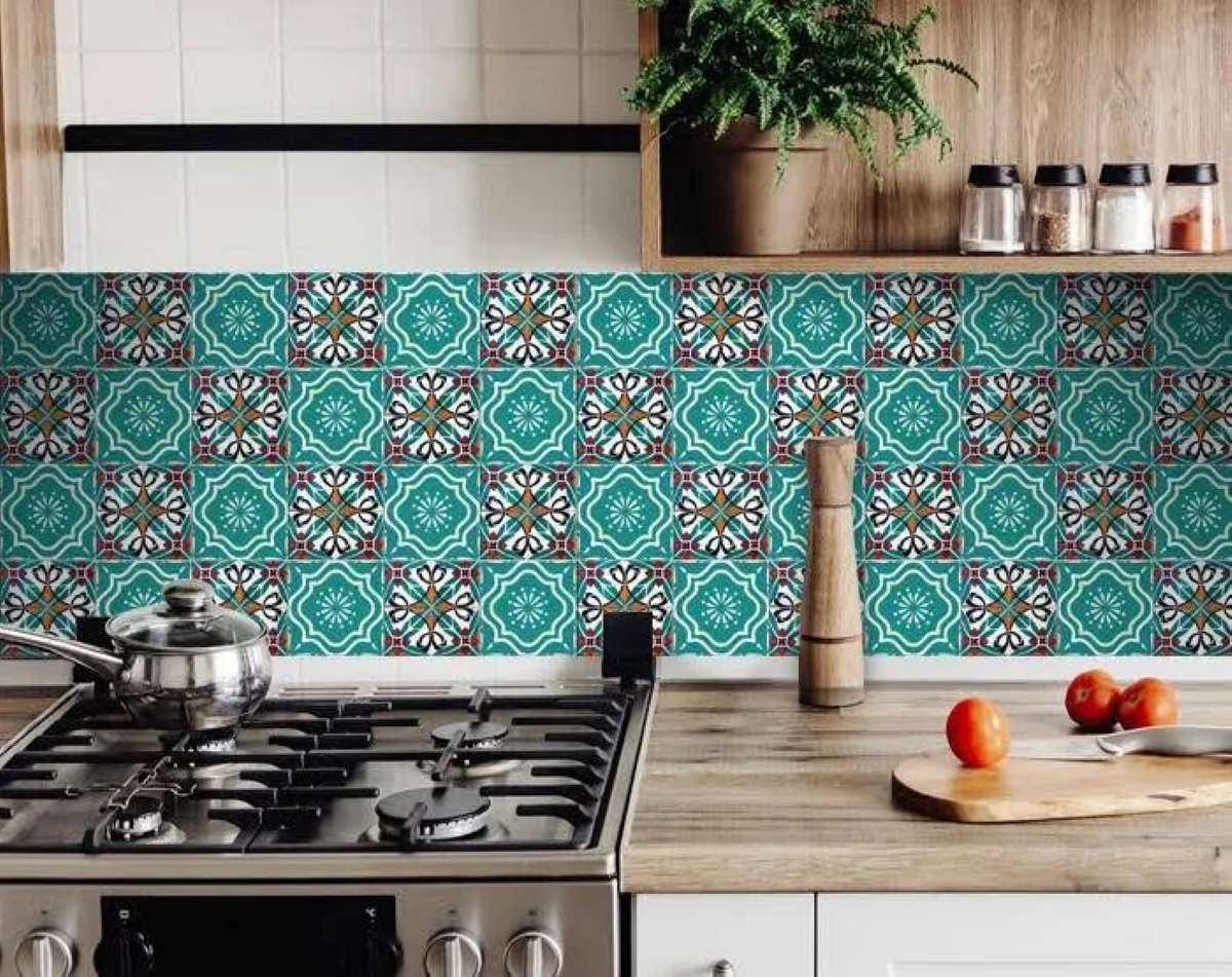 Colorful patterned kitchen backsplash.
