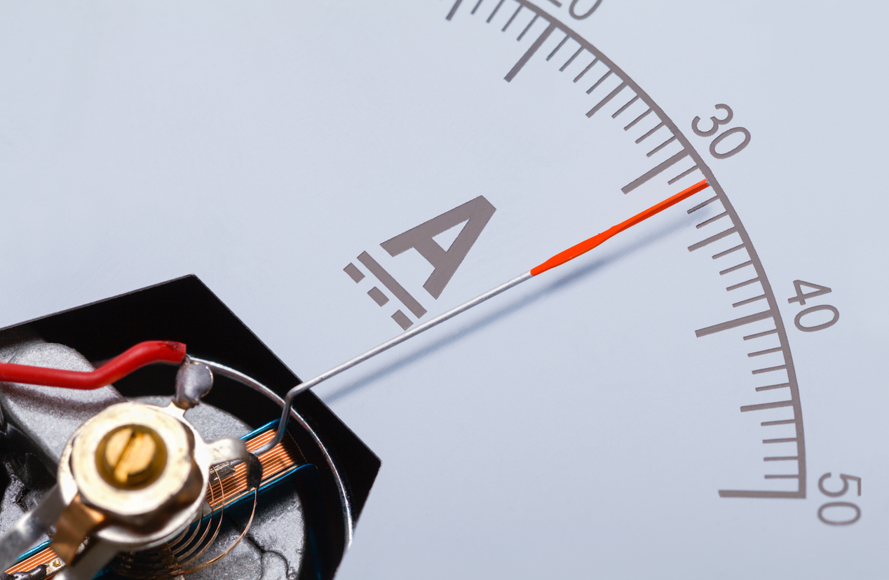 The red-tipped needle of an amperage-measuring ammeter pointing to a reading of 32 amps.