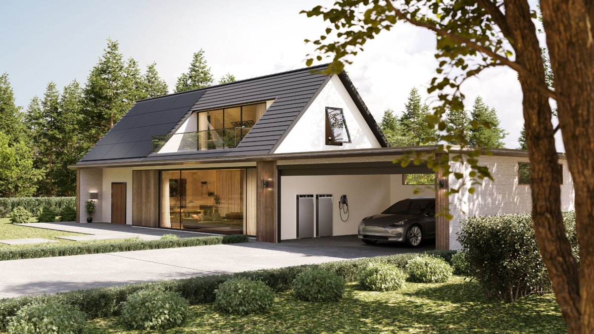 Anker Solix X1 installed in a garage of a modern house with solar panels