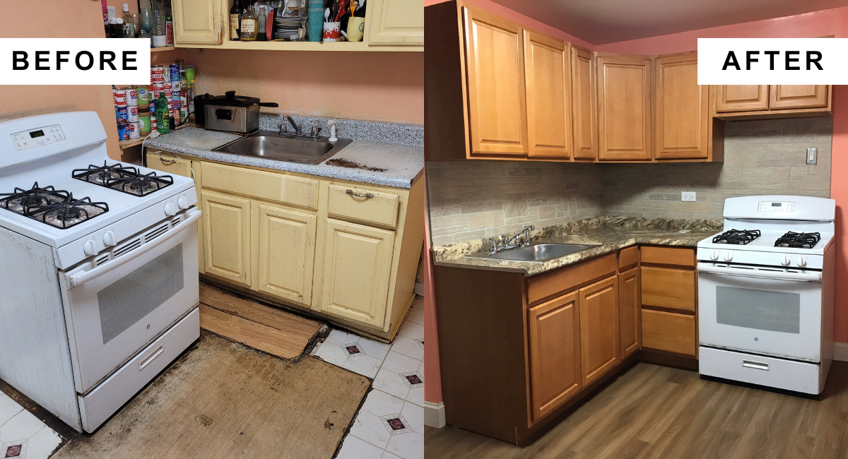 A before and after of a small kitchen torn out and remodeled.
