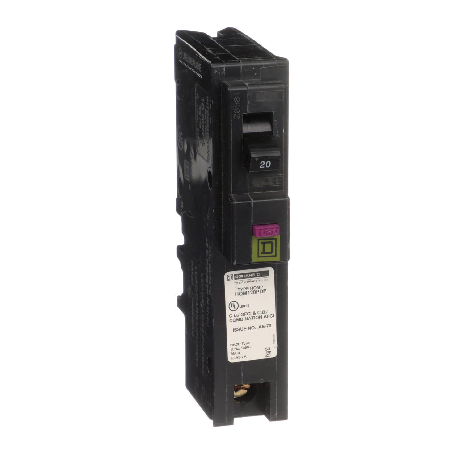 The Square D 20 Amp Dual-Function Circuit Breaker on a white background.