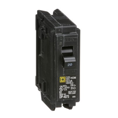 The Square D 20 Amp Single-Pole Circuit Breaker on a white background.