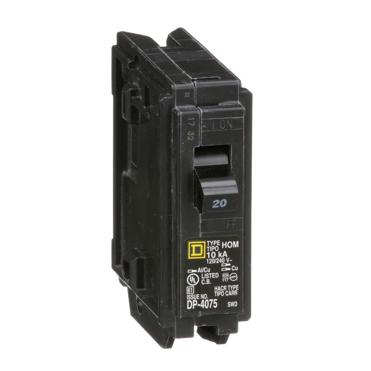 The Square D 20 Amp Single-Pole Circuit Breaker on a white background.