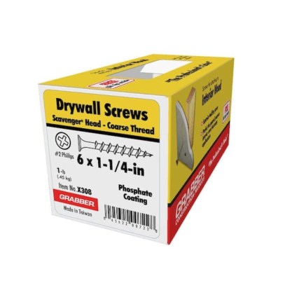 A box of Grabber Phillips Bugle-Head Drywall Screws on a white background.