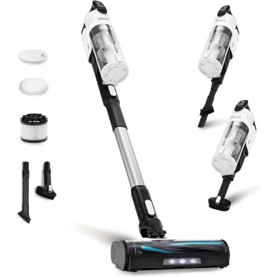 The Levoit LVAC-200 Cordless Vacuum and its accessories on a white background.