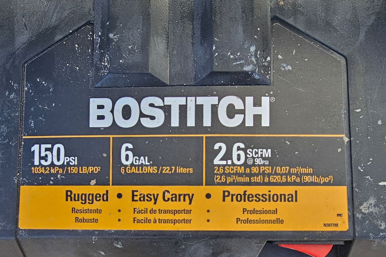 The specs label on the Bostitch pancake air compressor.