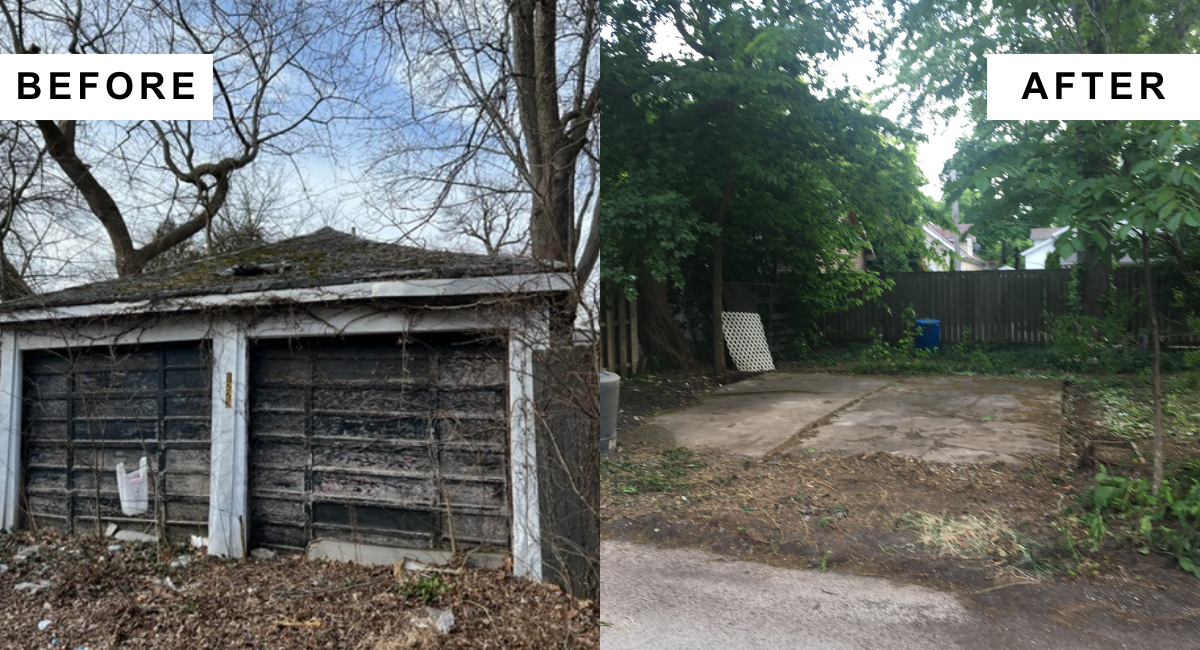 A before and after picture of a condemned garage torn down.