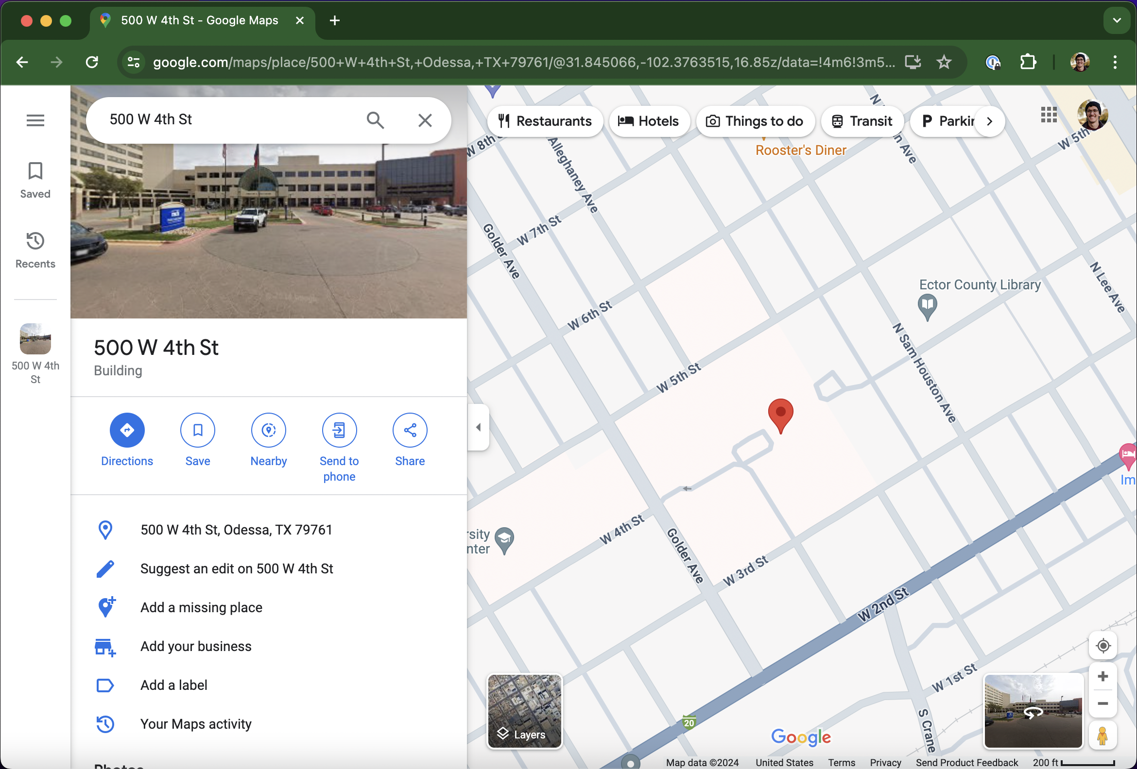 An OSX screenshot of a Google Maps tab in the iOS Chrome browser. The address "500 W 4th St" is pinned.