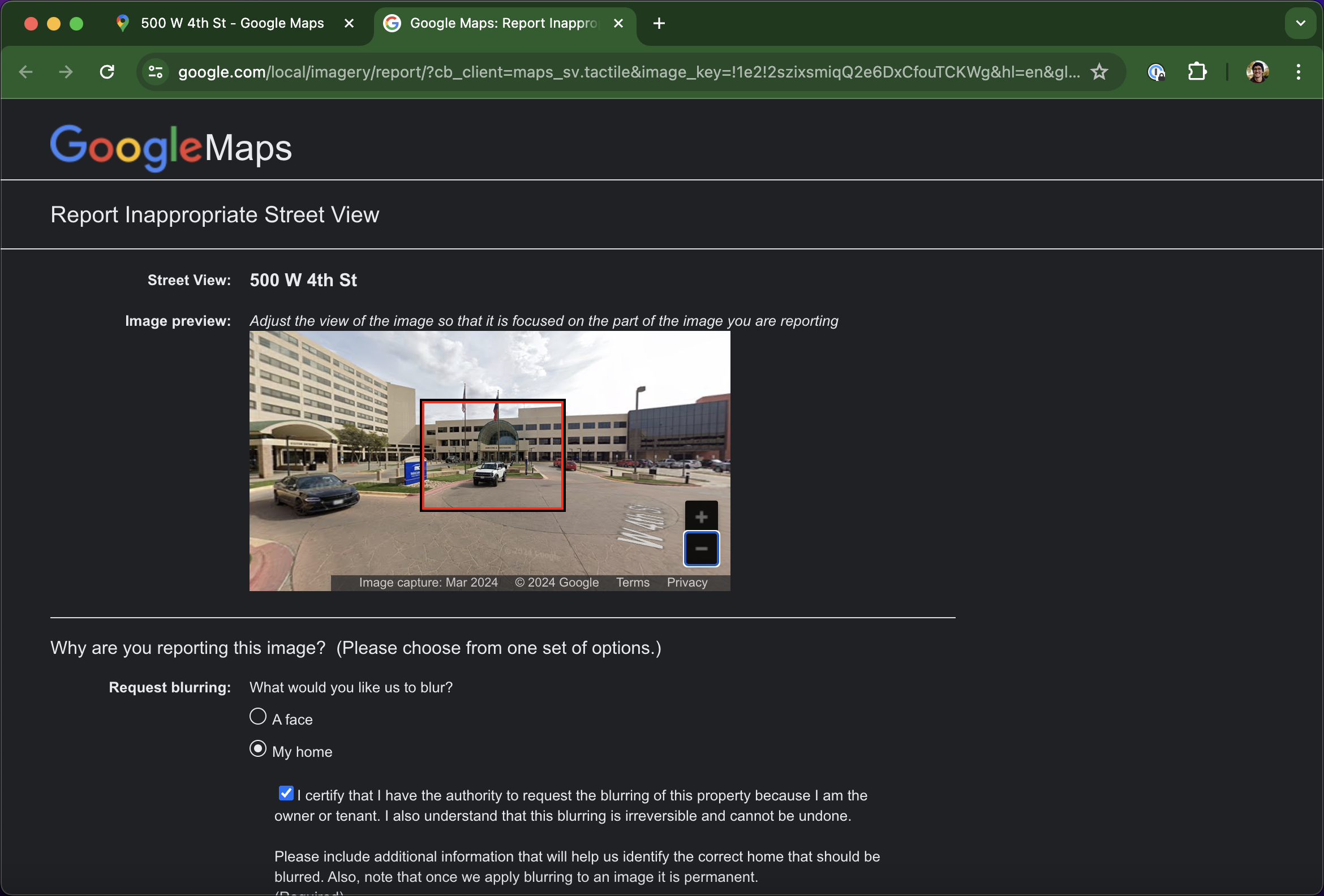 The Google Maps form for blurring and/or reporting incorrect map data, with an adjustable red square on a Street View image representing what area is being flagged for review.