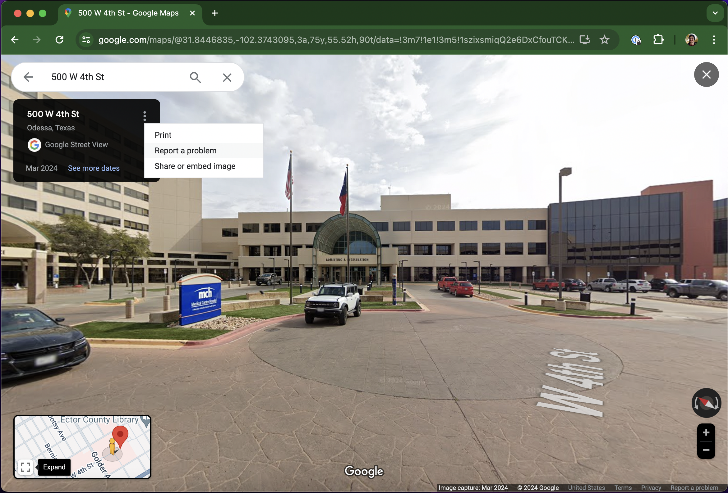 An OSX example screenshot of a Google Street View panorama in a tab of the iOS Chrome web browser. The searched address reads, "500 W 4th St."
