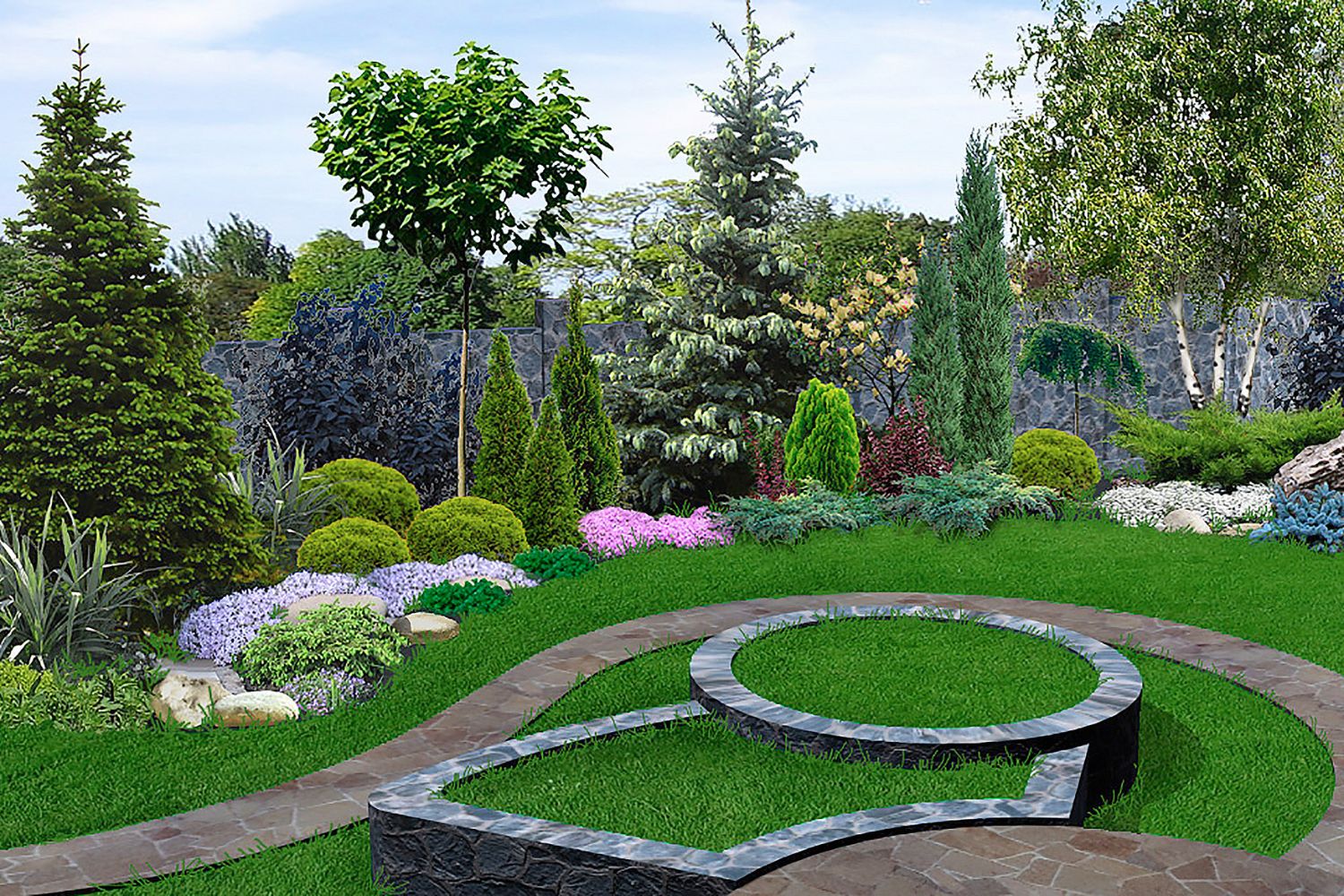 A beautiful landscaped lawn with tree and flowers. 