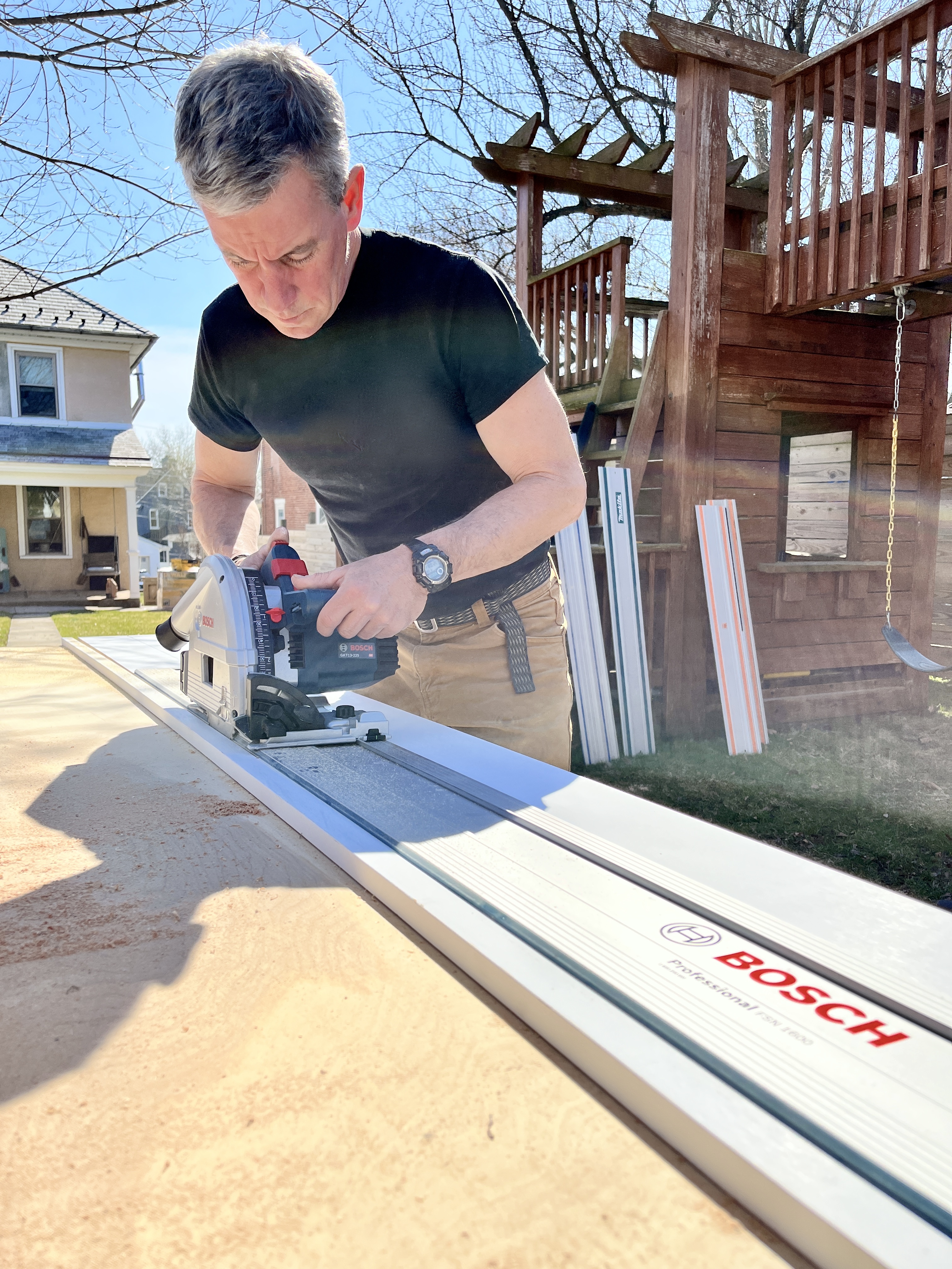 Mark Clement testing the Bosch Track Saw on plywood