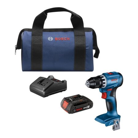  The Bosch 18V Compact Brushless ½-Inch Drill/Driver Kit on a white background.